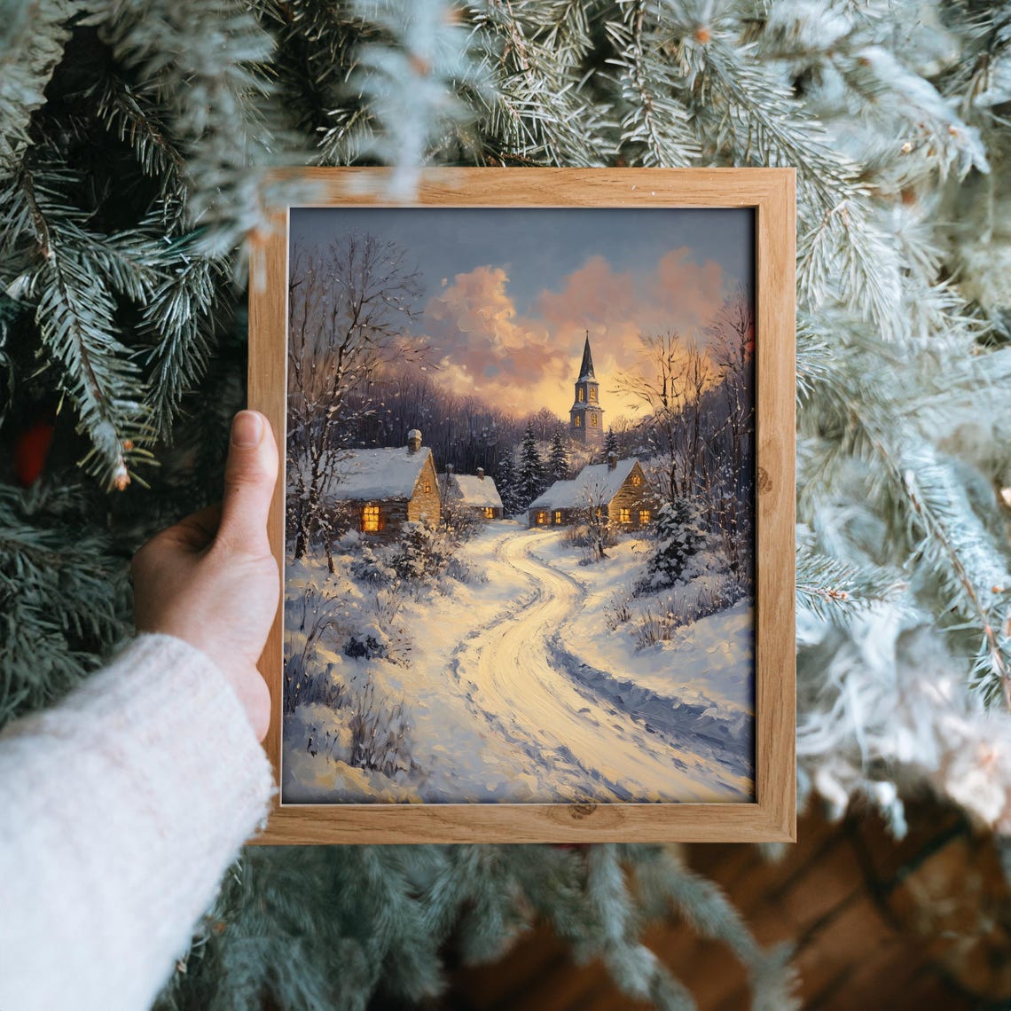 Snowy Church Village at Dusk with Glowing Windows Winter Poster - Image 6