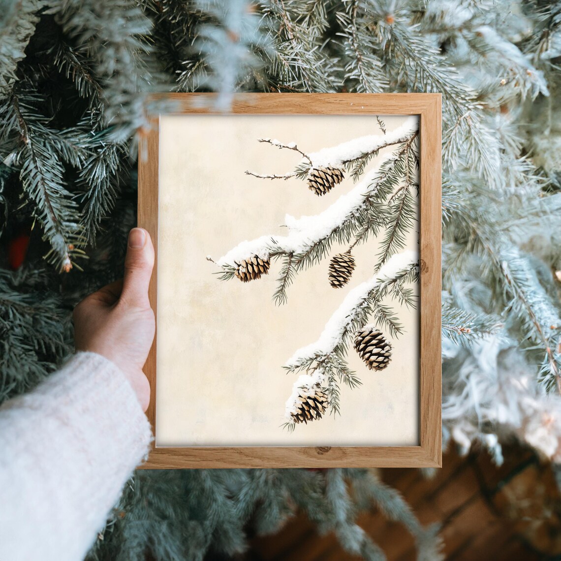 Snowy Pine Branch With Pinecones On Cream Minimalist Winter Wall Art - Image 6