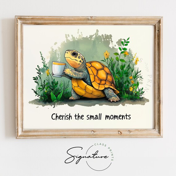 Cherish The Small Moments Retro Turtle Print Wholesome Nature Art Cottagecore Animal Poster Vintage Botanical Wall Decor 3152