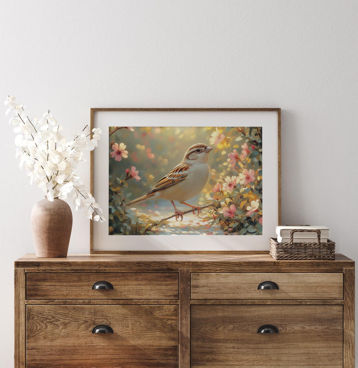 Sparrow On Blossom Twig In Sunlit Spring Garden Morning Poster - Image 2