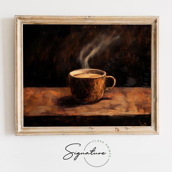 Steaming Coffee Cup Rustic Wall Art Warm Colors Farmhouse Christmas Painting Moody Holiday Decor Cozy Seasonal Kitchen Accent 2776