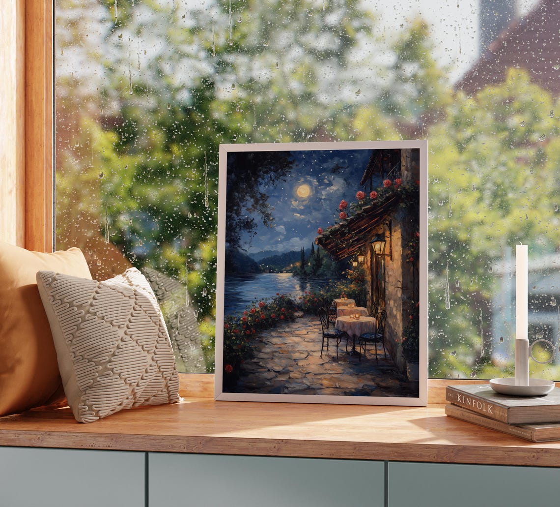Lakeside Patio At Night Moonlit Roses Romantic Restaurant Wall Art - Image 3