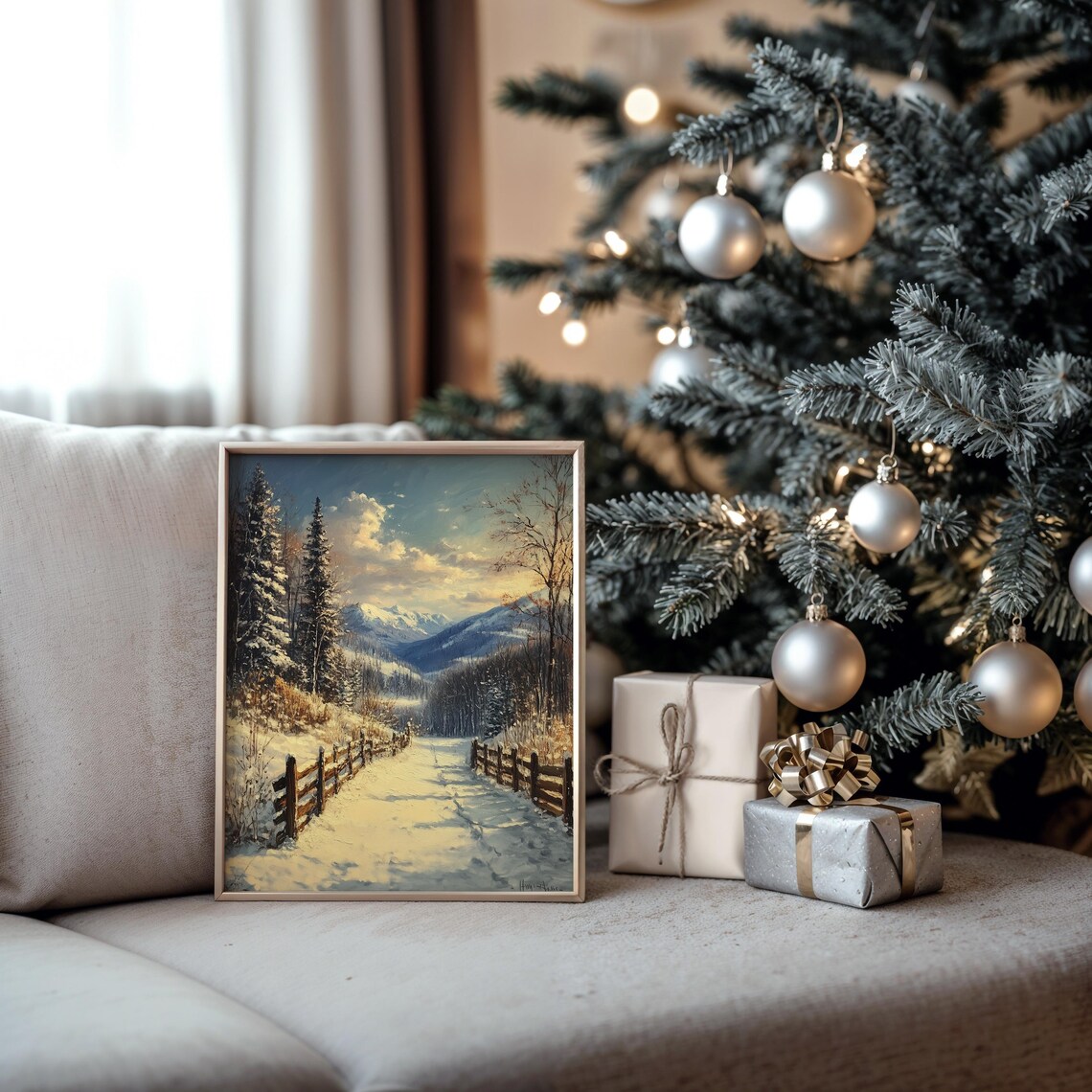 Snowy Fenced Lane with Mountain View Winter Landscape Oil Painting Print - Image 5