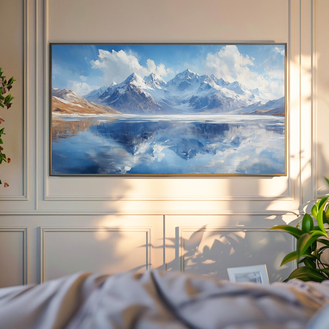Snowy Mountain Range Mirror Lake Daytime Reflection Blue Sky Peaks Poster - Image 4