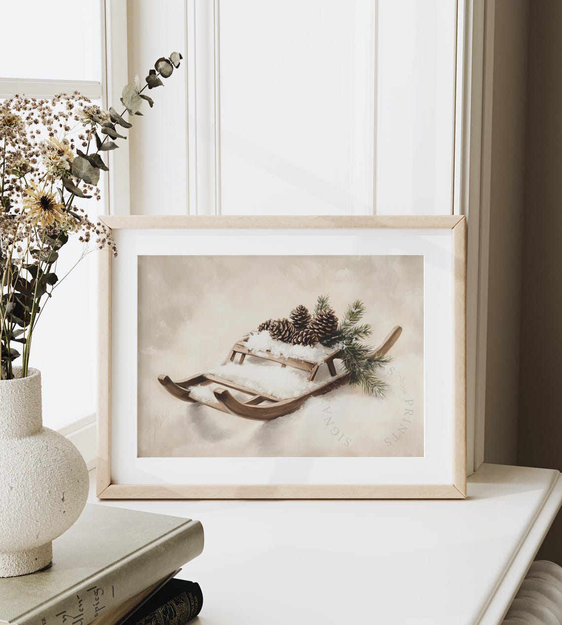 Wooden Sled With Pinecones and Fir Branches Snowy Still Life Poster - Image 6