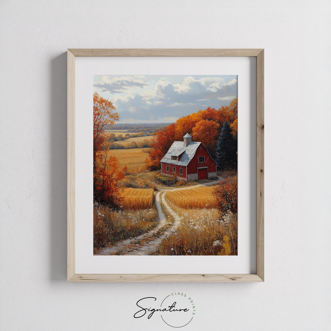Red Barn Autumn Landscape With Golden Wheat Fields and Winding Path Wall Art - Image 3