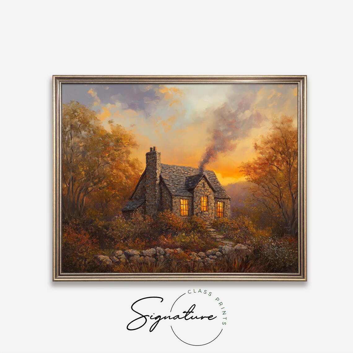 Cozy Stone Cottage Autumn Sunset Painting Glowing Windows Fall Decor Poster - Image 4