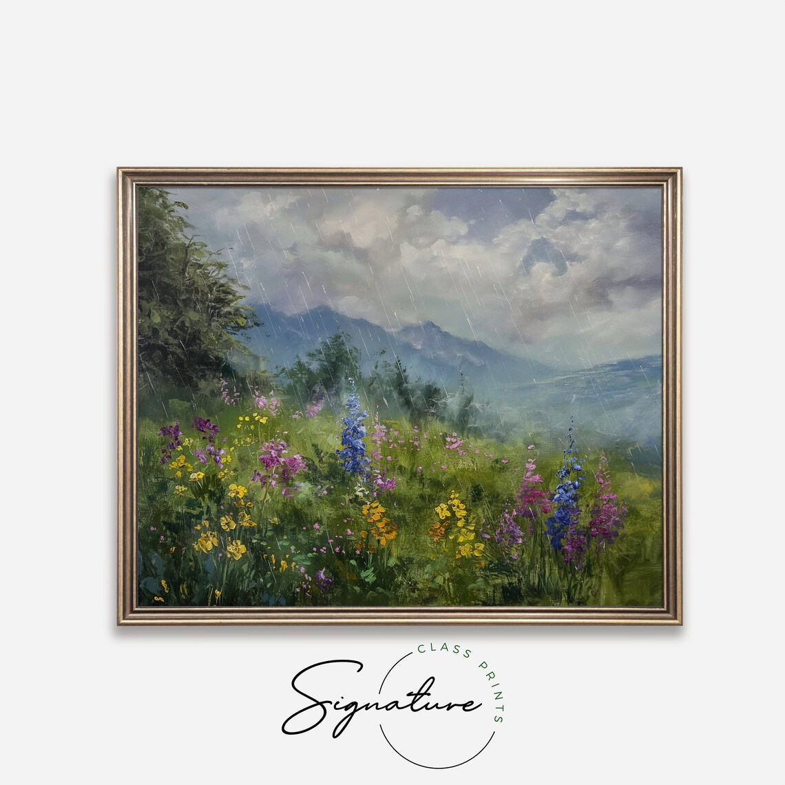 Rainy Day Wildflower Meadow Mountains Purple Yellow Bloom Nature Poster - Image 4