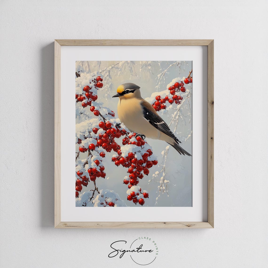 Bohemian Waxwing Resting On Snowy Branch With Red Berries Art Poster - Image 3