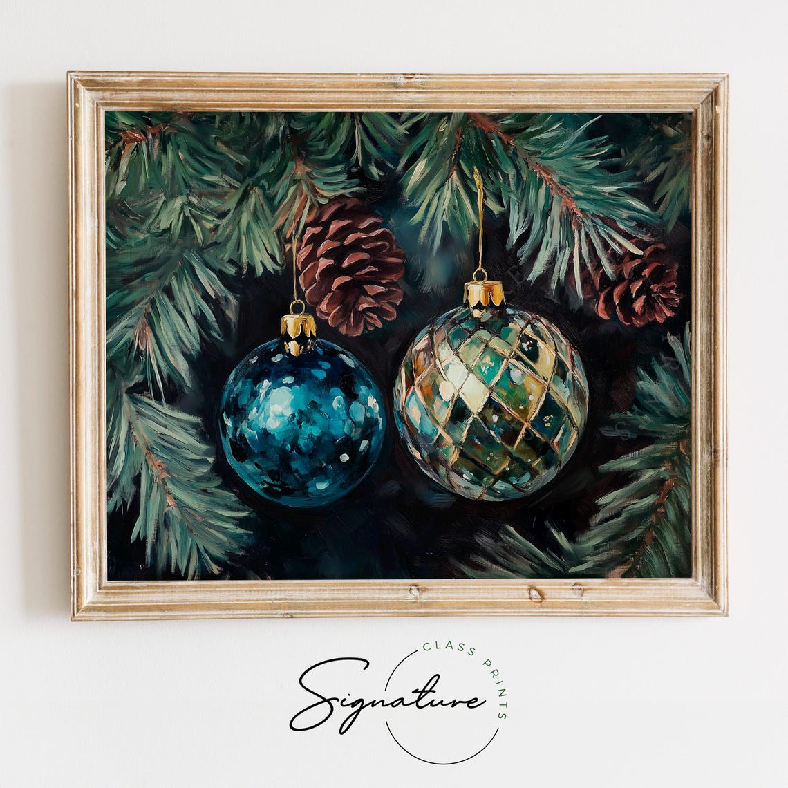 Teal Blue And Quilted Green Christmas Ornaments On Pine Poster