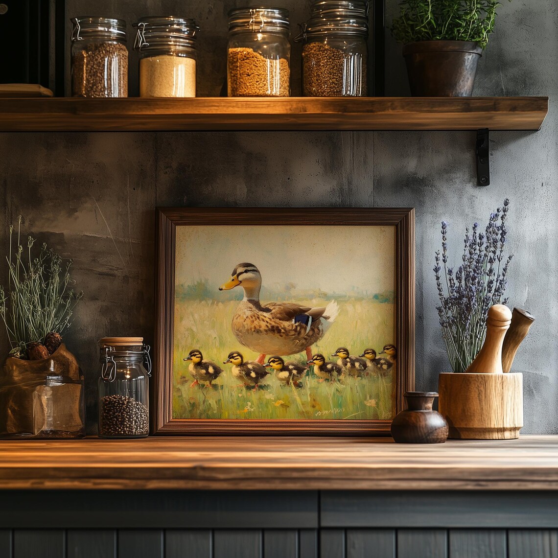 Mother Duck Leading Ducklings Through Meadow Spring Wildlife Painting - Image 2