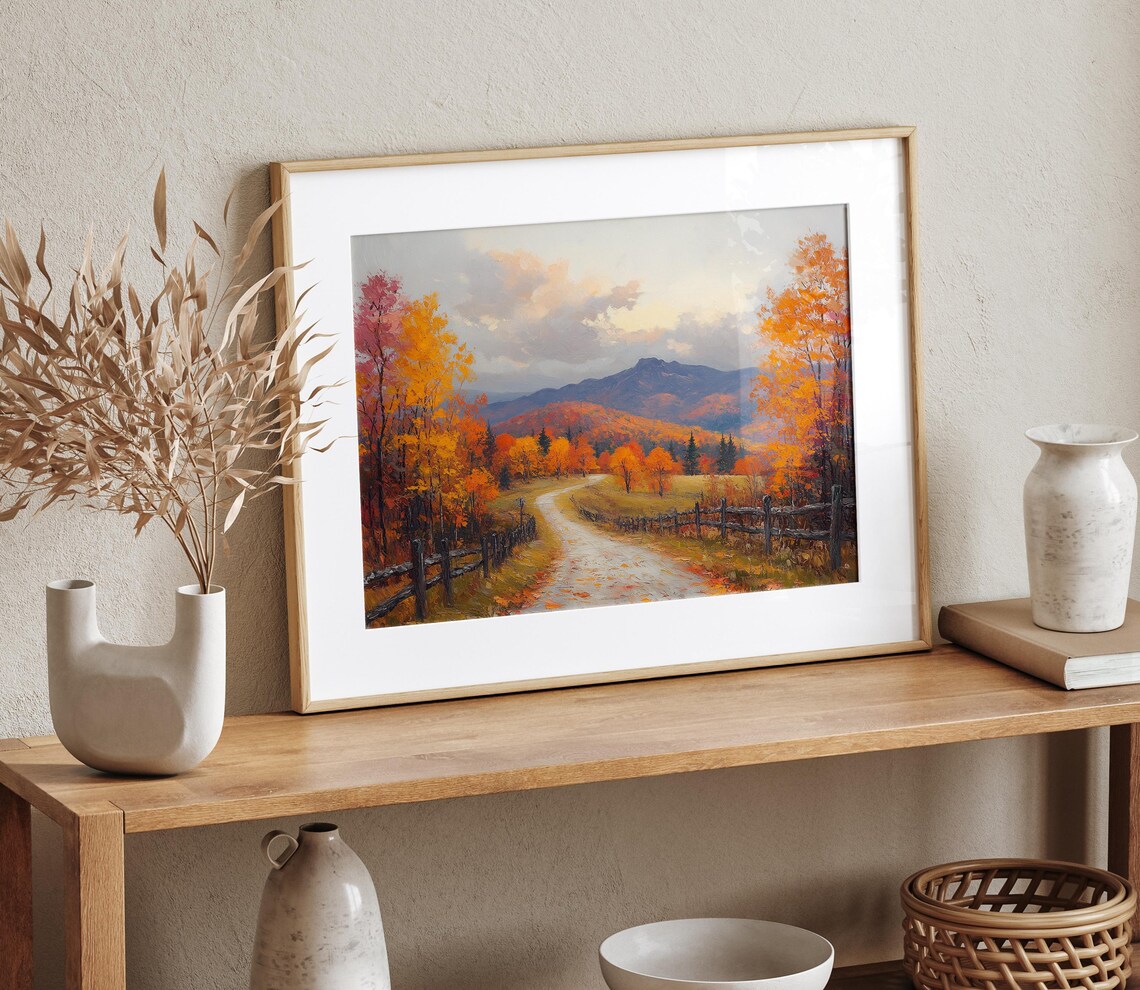 Wooden Fence Country Road Autumn Forest Mountain View Landscape Print - Image 4