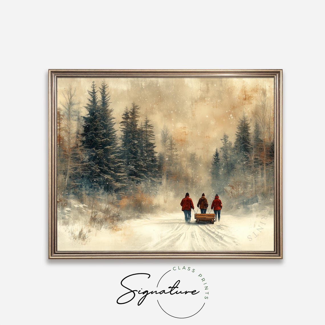 Friends Pulling A Sled Through A Snowy Vintage Forest Poster - Image 4