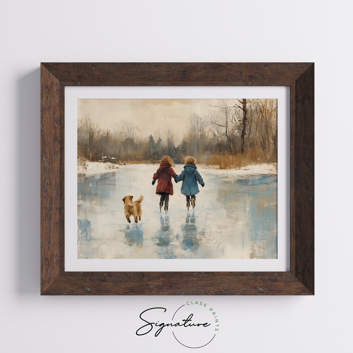 Children Ice Skating With Dog On Frozen Pond Winter Scene Poster - Image 5