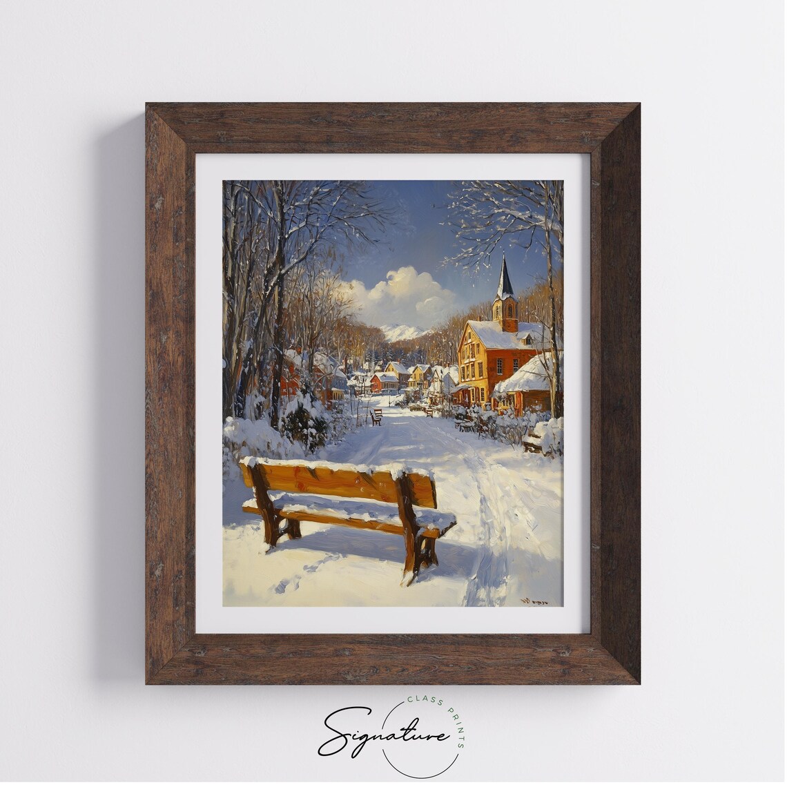 Sunny Snowy Village Street With Church And Bench Winter Scene Poster - Image 3