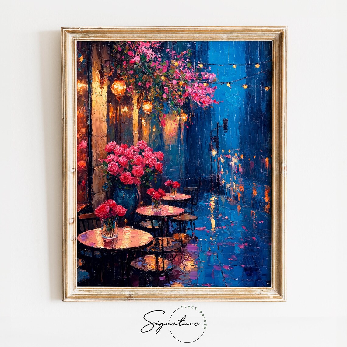 Rainy Night Cafe Patio Scene Art Print, Rustic Charm
