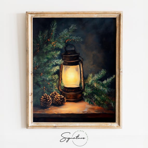Vintage Lantern With Pine And Pinecones Moody Winter Holiday Decor Cozy Rustic Cottage Wall Art Christmas Art Print 1711