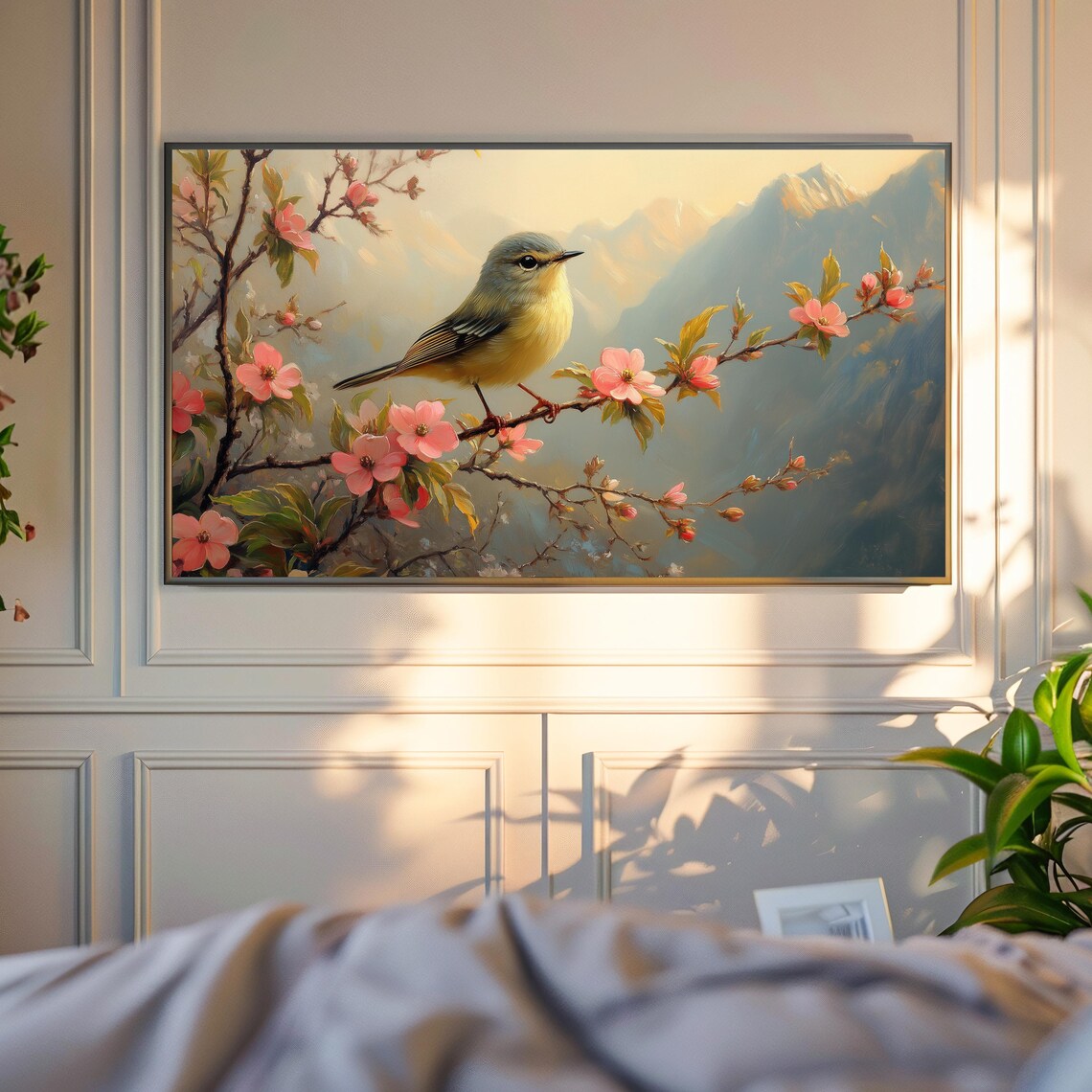 Kinglet Bird Blossom Branch Pink Flowers Mountain Backdrop Spring Poster - Image 4