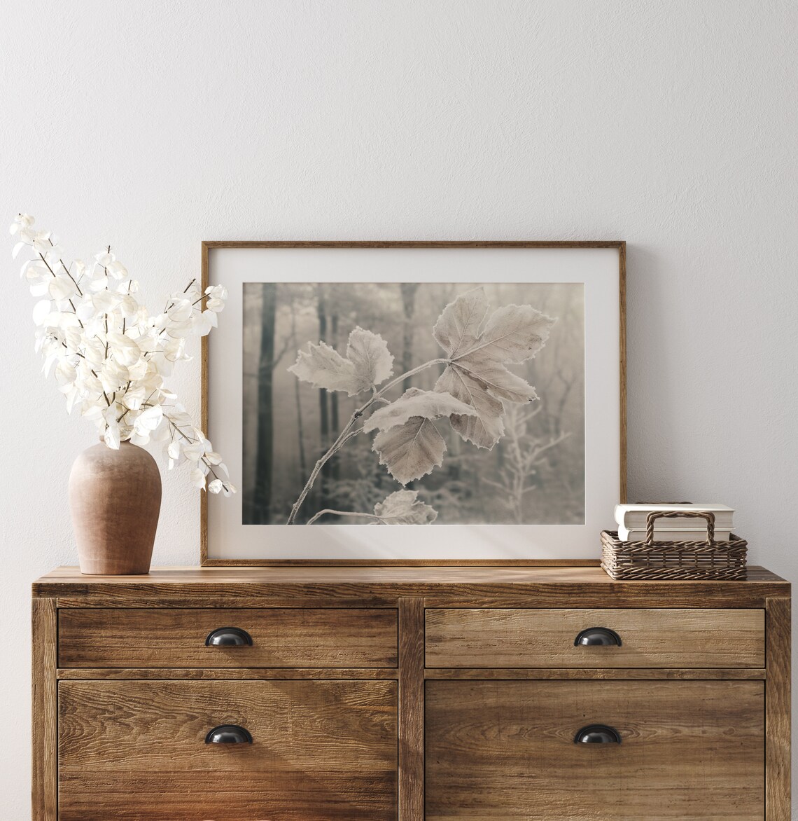 Frosted Leaves Branch in Misty Forest Neutral Winter Art Poster - Image 3
