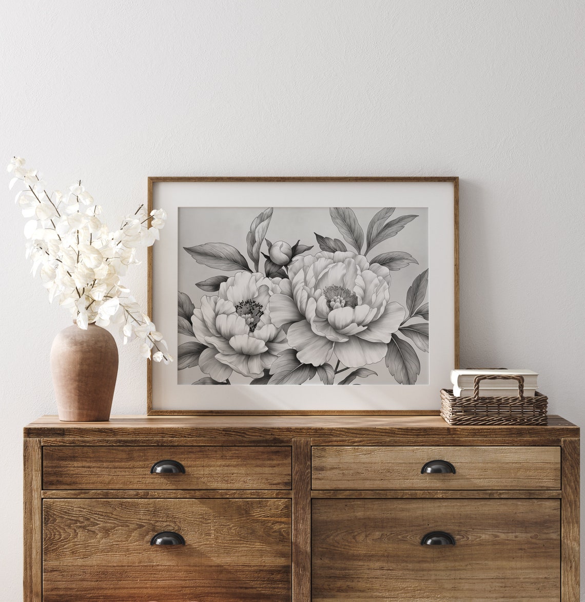 Peonies In Full Bloom Detailed Gray Pencil Botanical Sketch Poster - Image 3