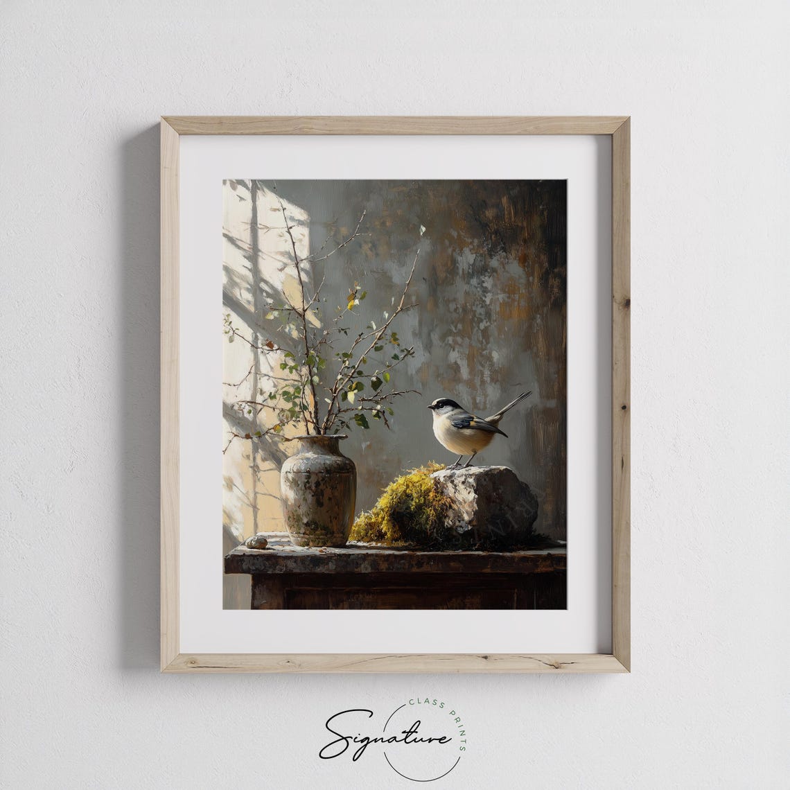 Small Winter Bird on a Mossy Rock With Rustic Vase Still Life Poster - Image 2