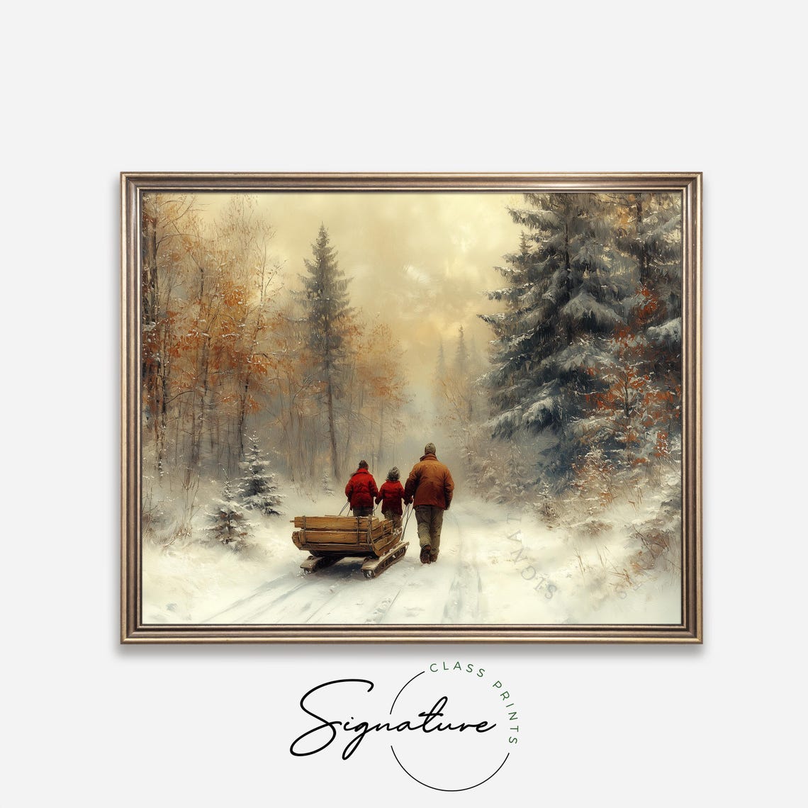 Family With Wooden Sled Walking Through Snowy Forest Winter Poster - Image 4