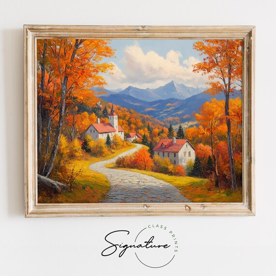 Autumn Village With Red Roofed Church on Winding Road to Mountains Wall Art