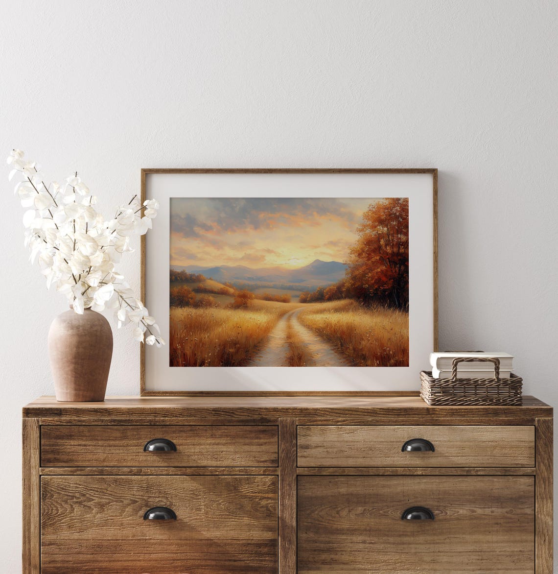 Golden Fields Dirt Road Sunset Mountain Horizon Painting Print - Image 3