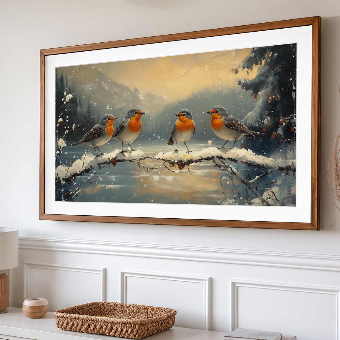 Winter Robin Quartet Perched On Snowy Branch Misty Mountain Sunset Art Poster - Image 2
