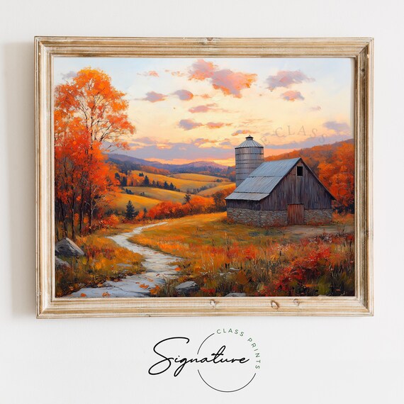 Weathered Barn Silo Sunset Autumn Hills Fall Farm Landscape Wall Art
