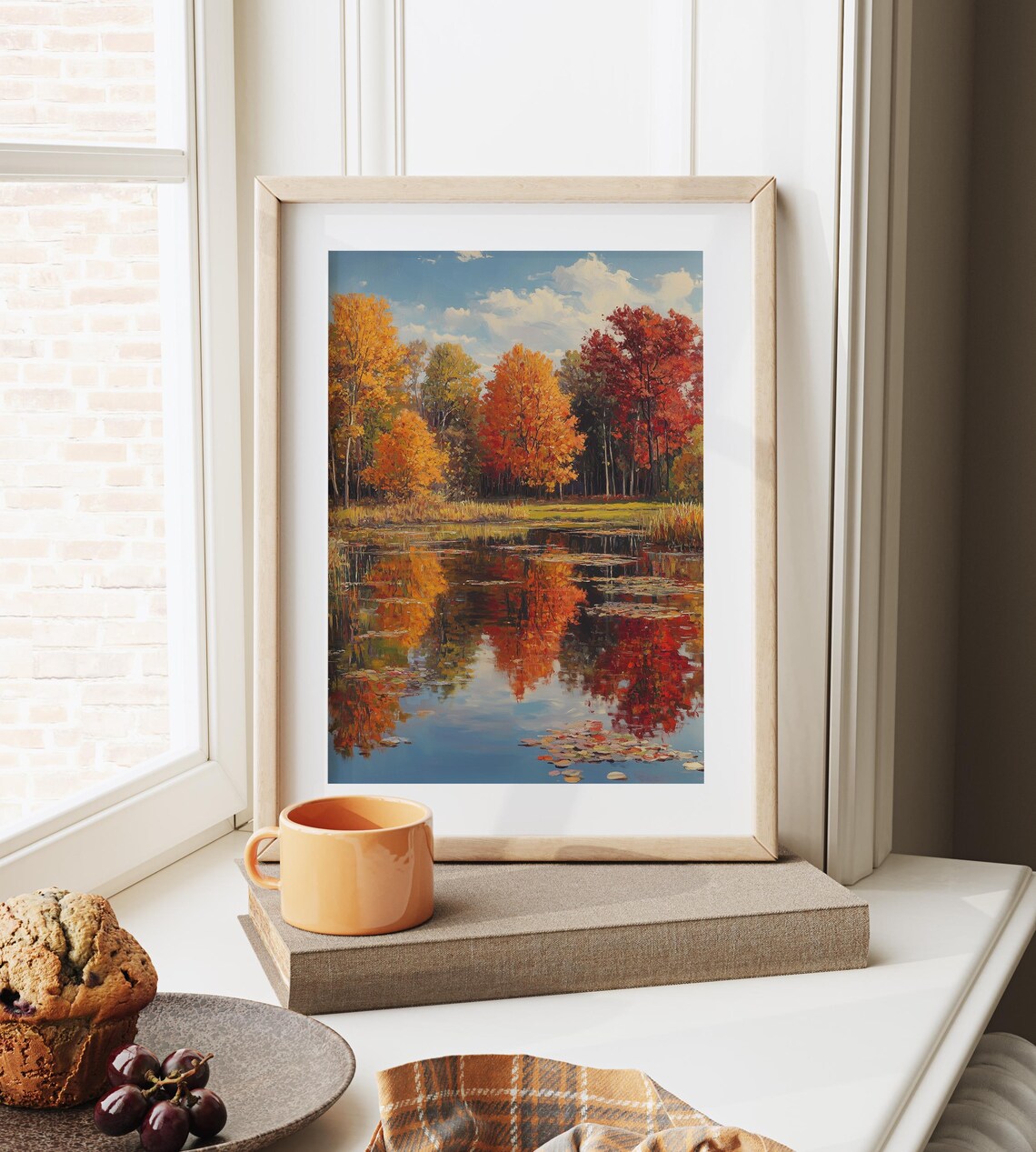 Autumn Lakeside Reflection Vintage Fall Trees Crisp Blue Sky Art Poster - Image 6