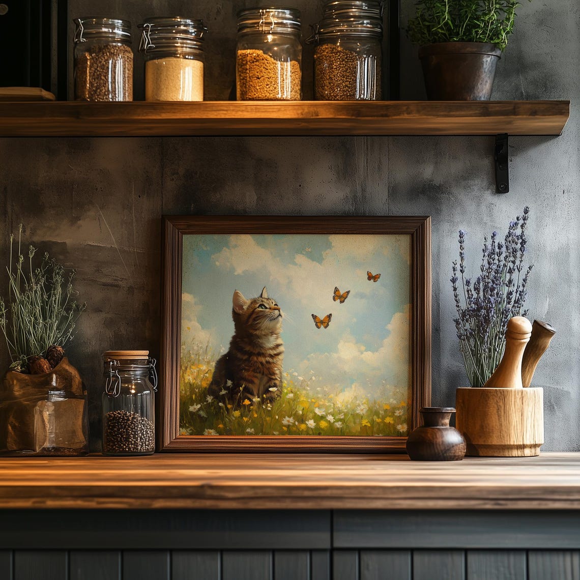 Tabby Kitten Watching Butterflies Flower Meadow Spring Poster - Image 2