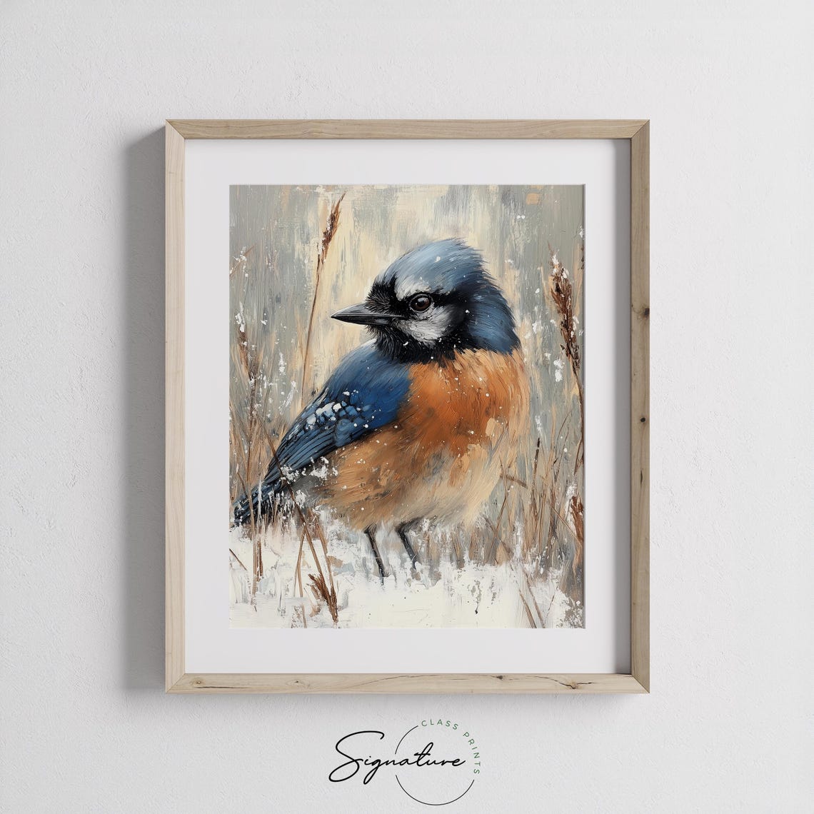 Blue Jay In Falling Snow Among Winter Grasses Bird Art Poster - Image 3