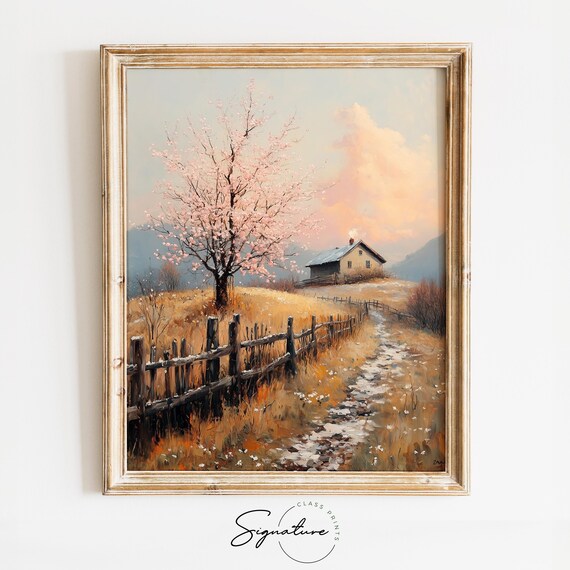Cottage On A Quiet Hillside Rustic Autumn Fence Cherry Blossom Poster
