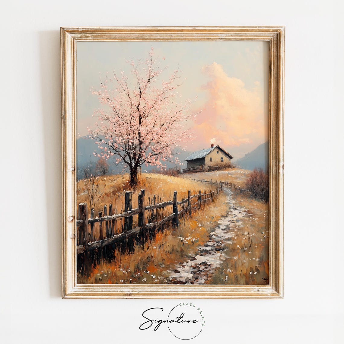 Cottage On A Quiet Hillside Rustic Autumn Fence Cherry Blossom Poster