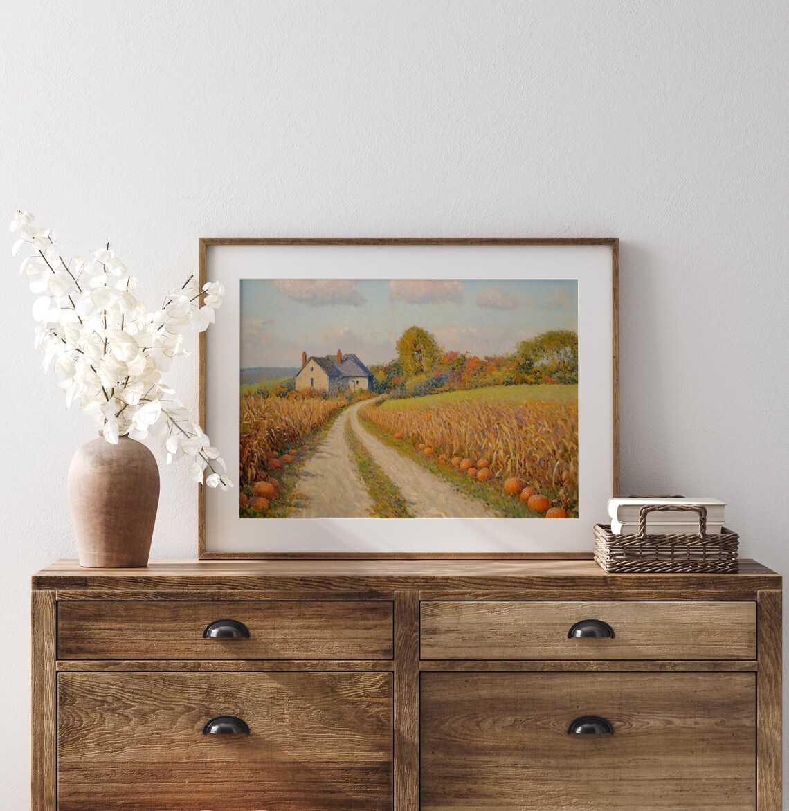 Winding Dirt Road Lined With Pumpkins Leading to a Quiet Farmhouse Poster - Image 3