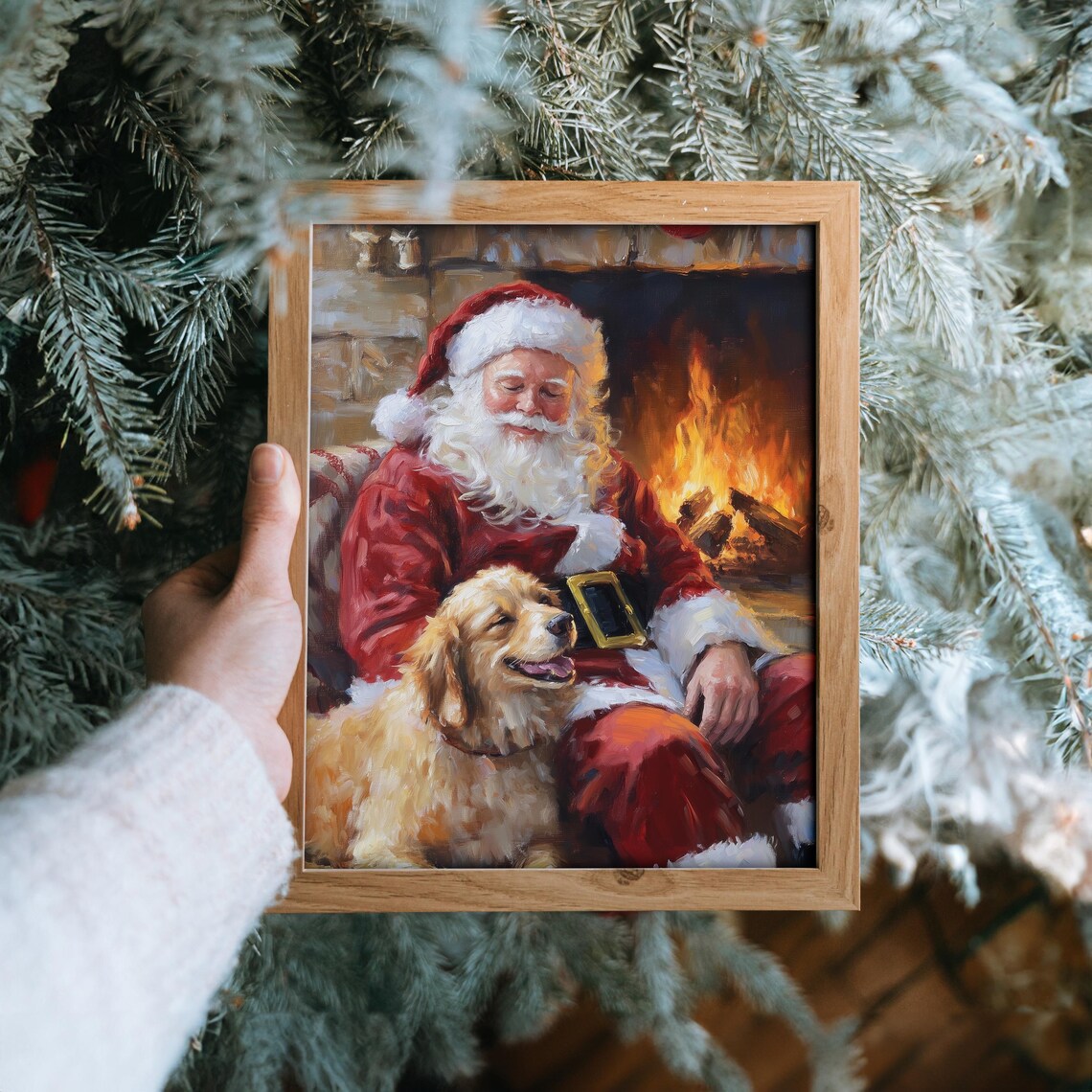 Santa Claus With Golden Retriever By Fireplace Holiday Art Poster