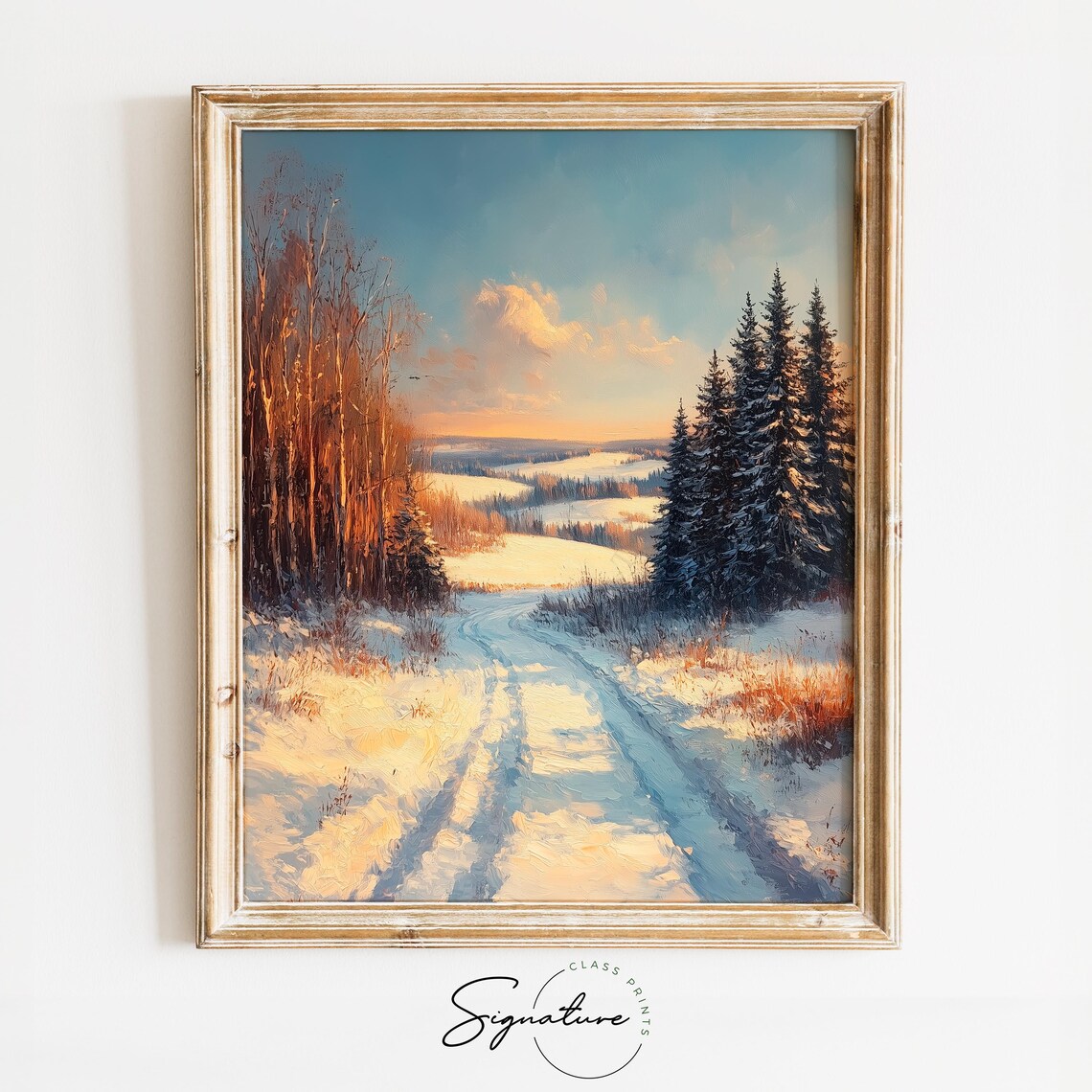 Golden Sunrise over Snowy Forest Road on Winter Morning Poster
