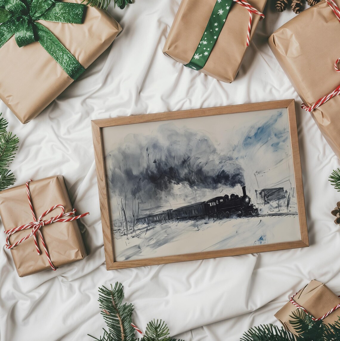Steam Train In Snow Expressive Ink Sketch Style Locomotive Poster - Image 2