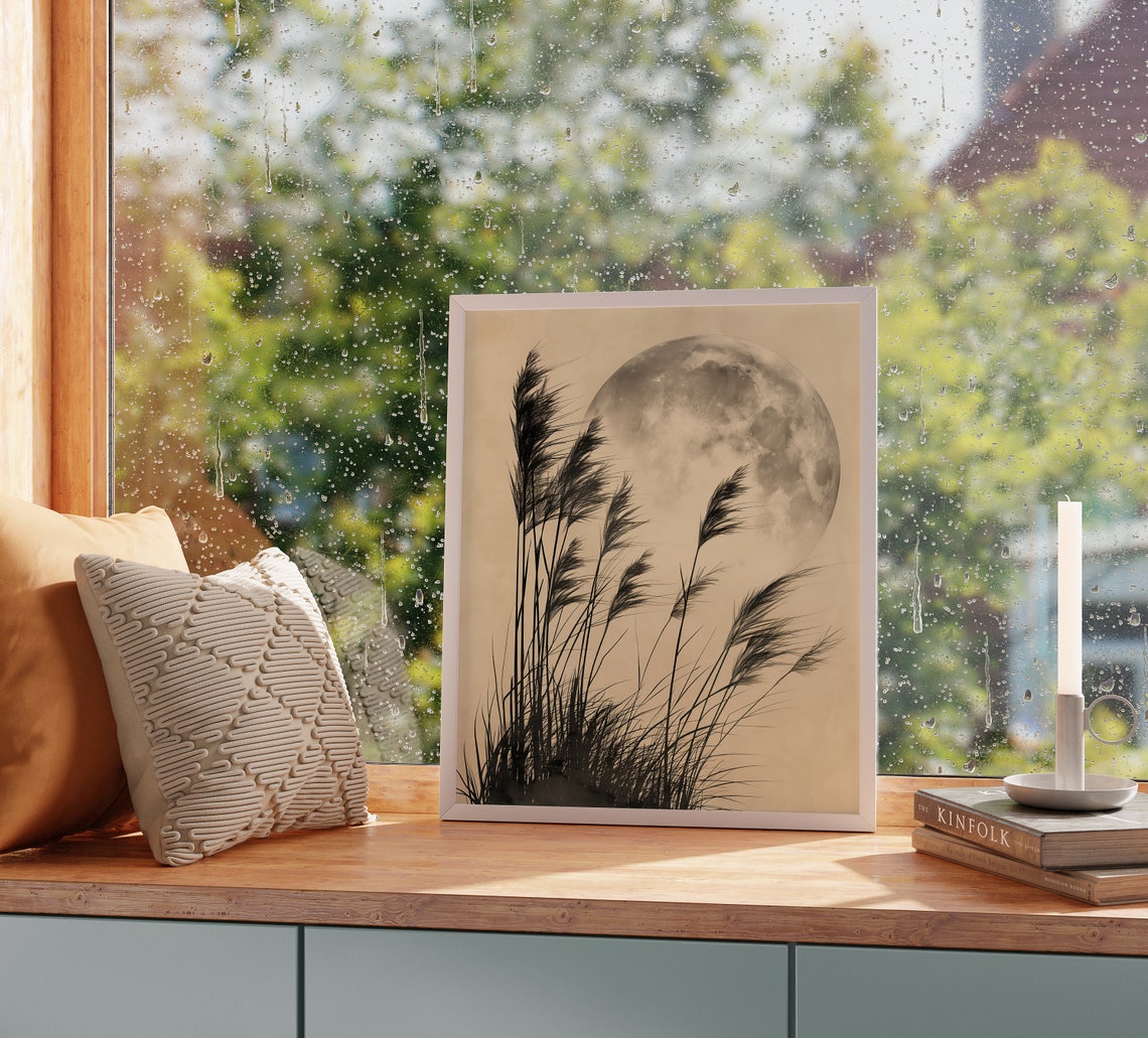 Tall Grass Silhouettes Against Full Moon Monochrome Night Poster - Image 2