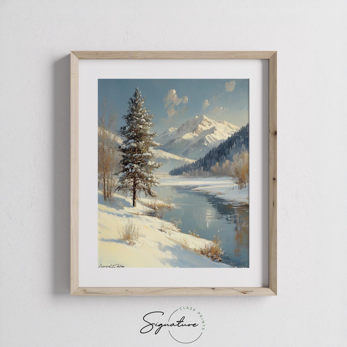 Lone Snowy Pine by Calm River with Mountains Winter Day Poster - Image 2