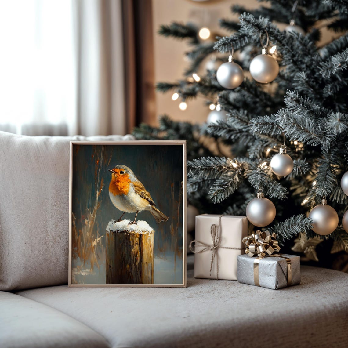European Robin Perched on a Snow-Covered Fence Post Winter Poster - Image 5