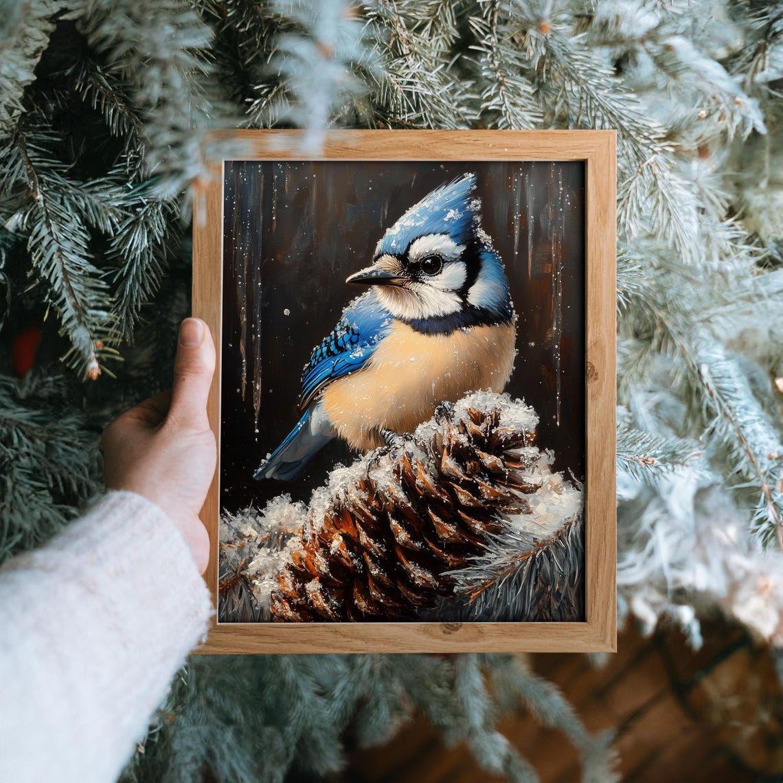 Blue Jay Perched On Snowy Pinecone Dark Winter Bird Portrait Poster - Image 6