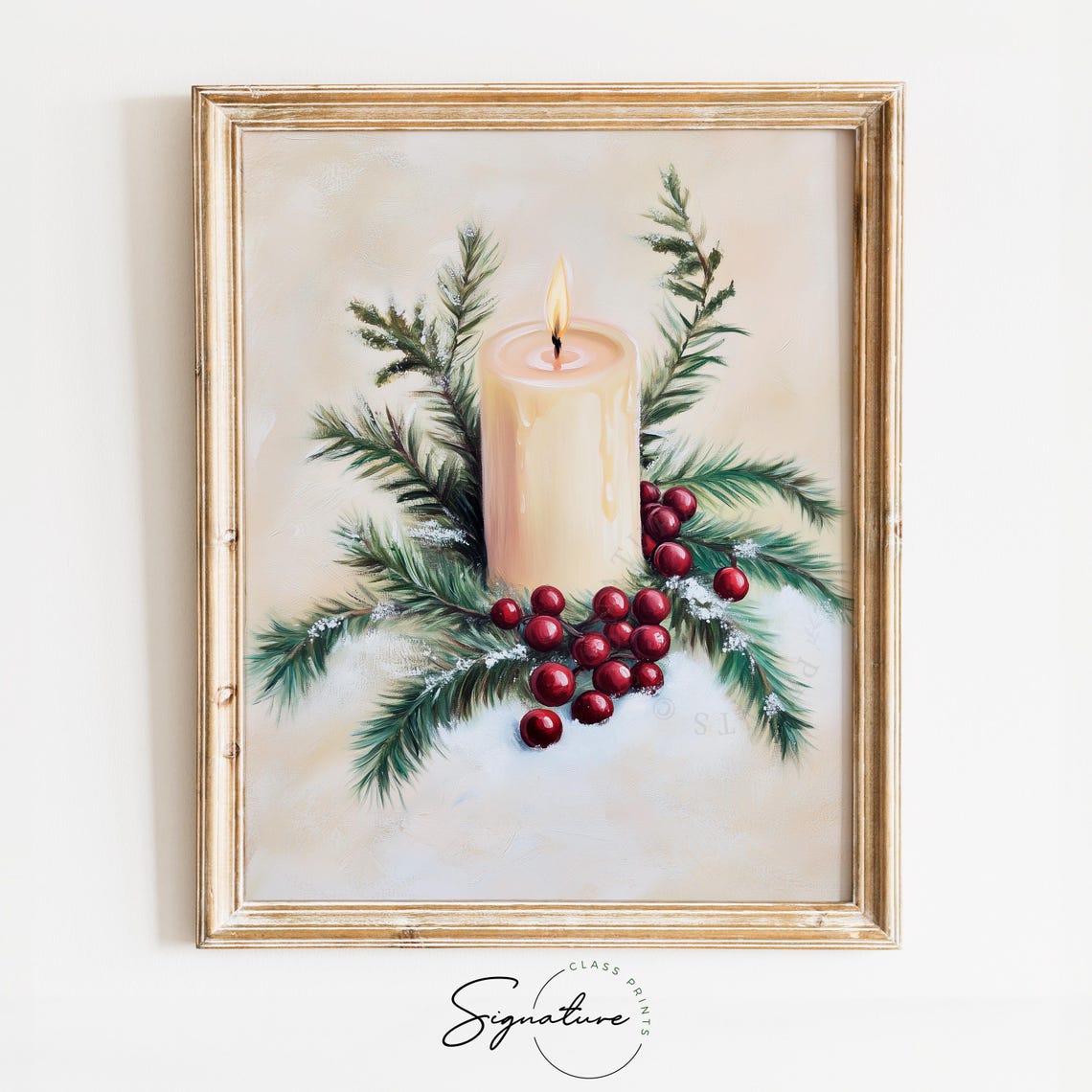 Lit Holiday Candle With Pine And Red Berries On Fresh Snow Poster