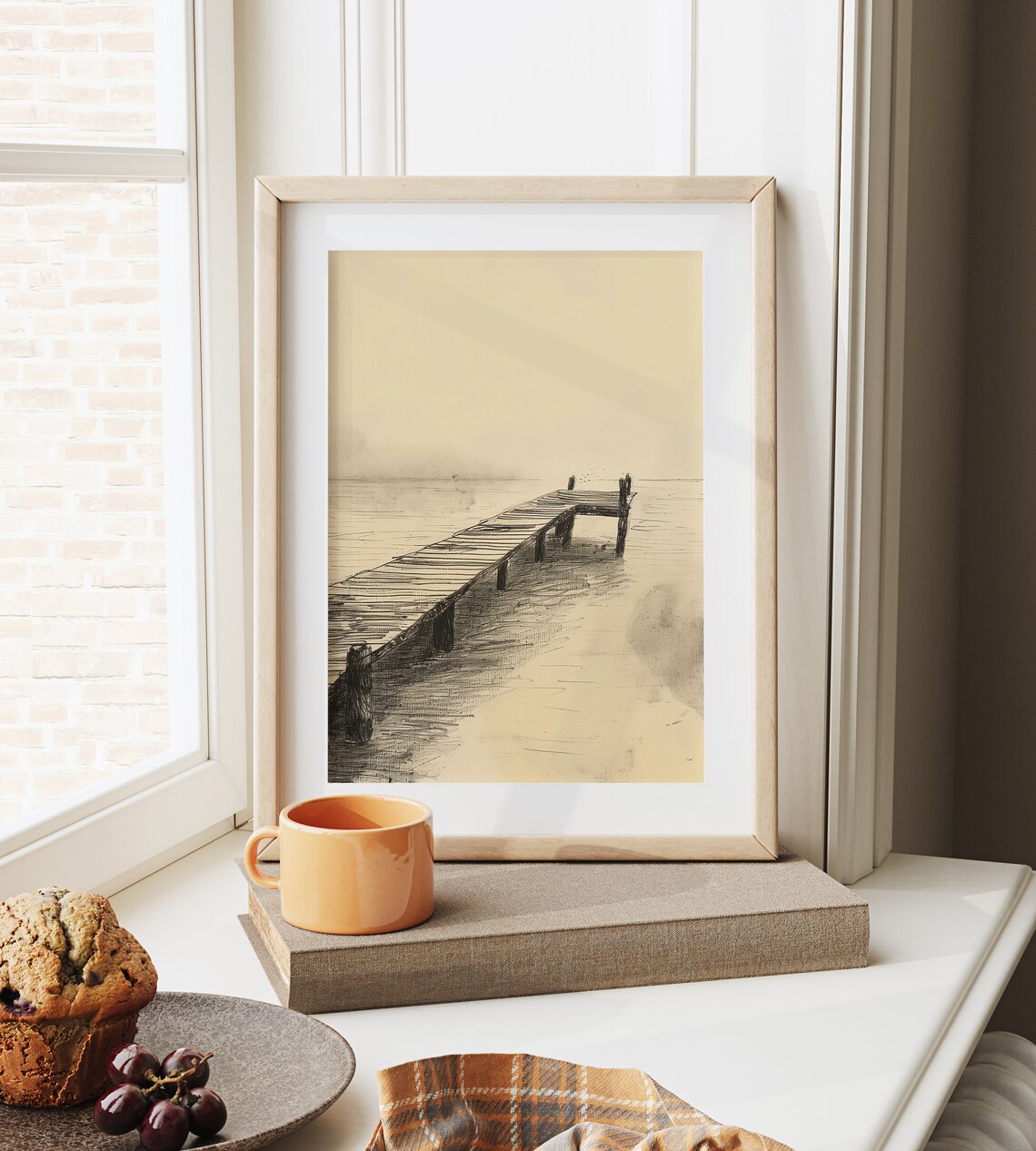 Old Wooden Pier On Misty Lake Sepia Ink Sketch Landscape Poster - Image 6