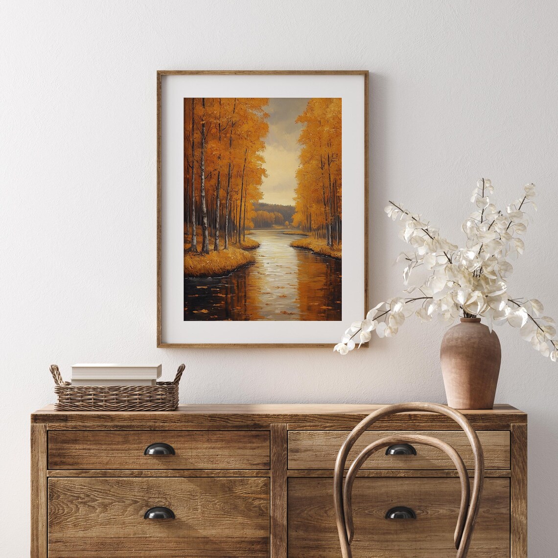 Golden Birch Trees Lining a Still River in Glowing Autumn Light Wall Art - Image 5