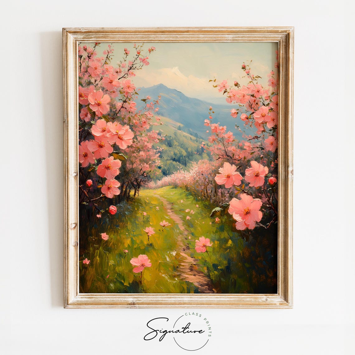 Lush Spring Meadow Cherry Blossoms With Mountain View Romantic Poster