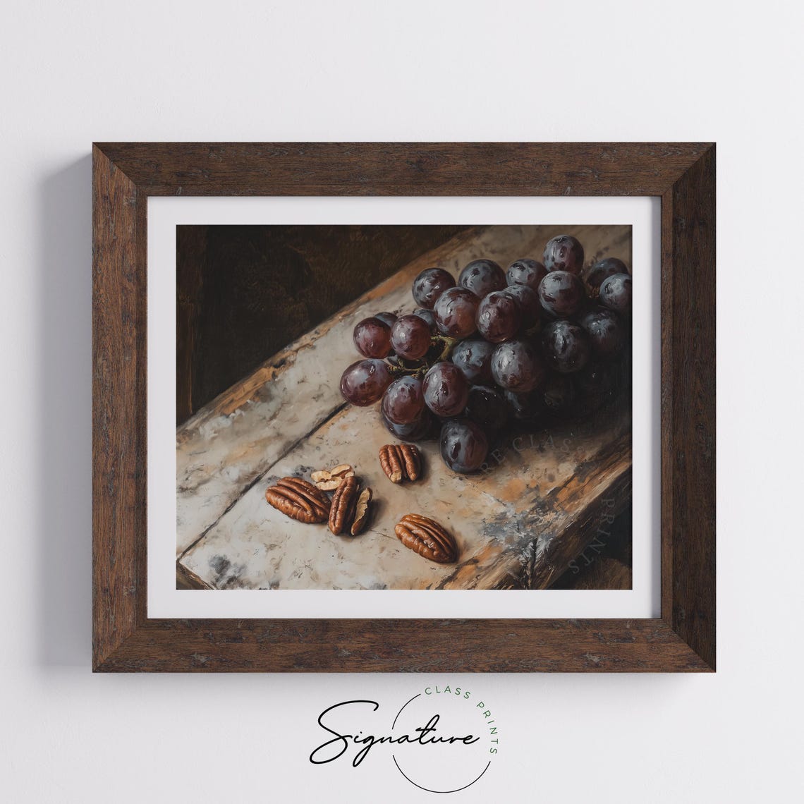 Still Life of Dark Grapes and Pecans Rustic Oil Painting Print - Image 5