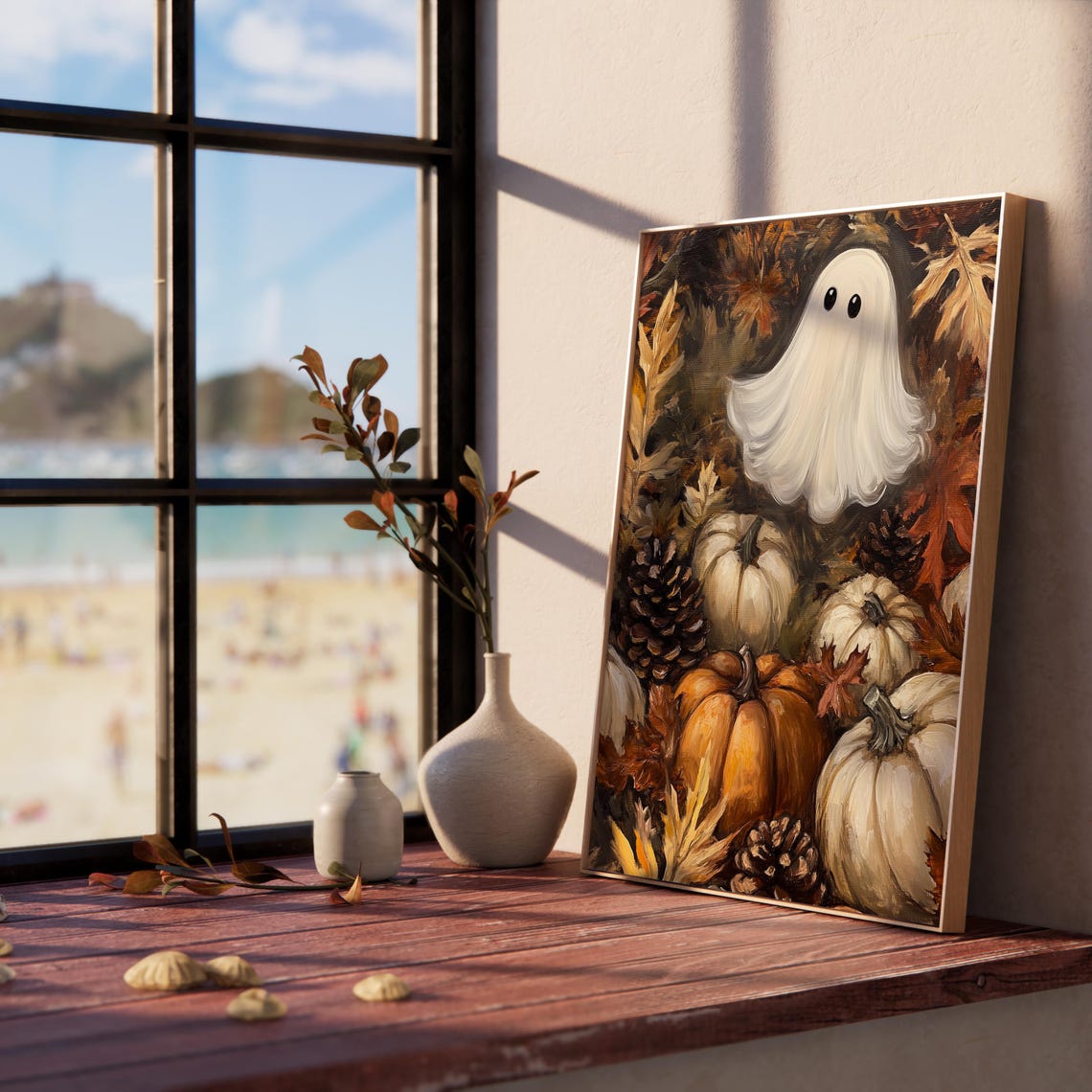 Happy Ghost Surrounded by Pumpkins Pinecones and Fall Leaves Poster - Image 5