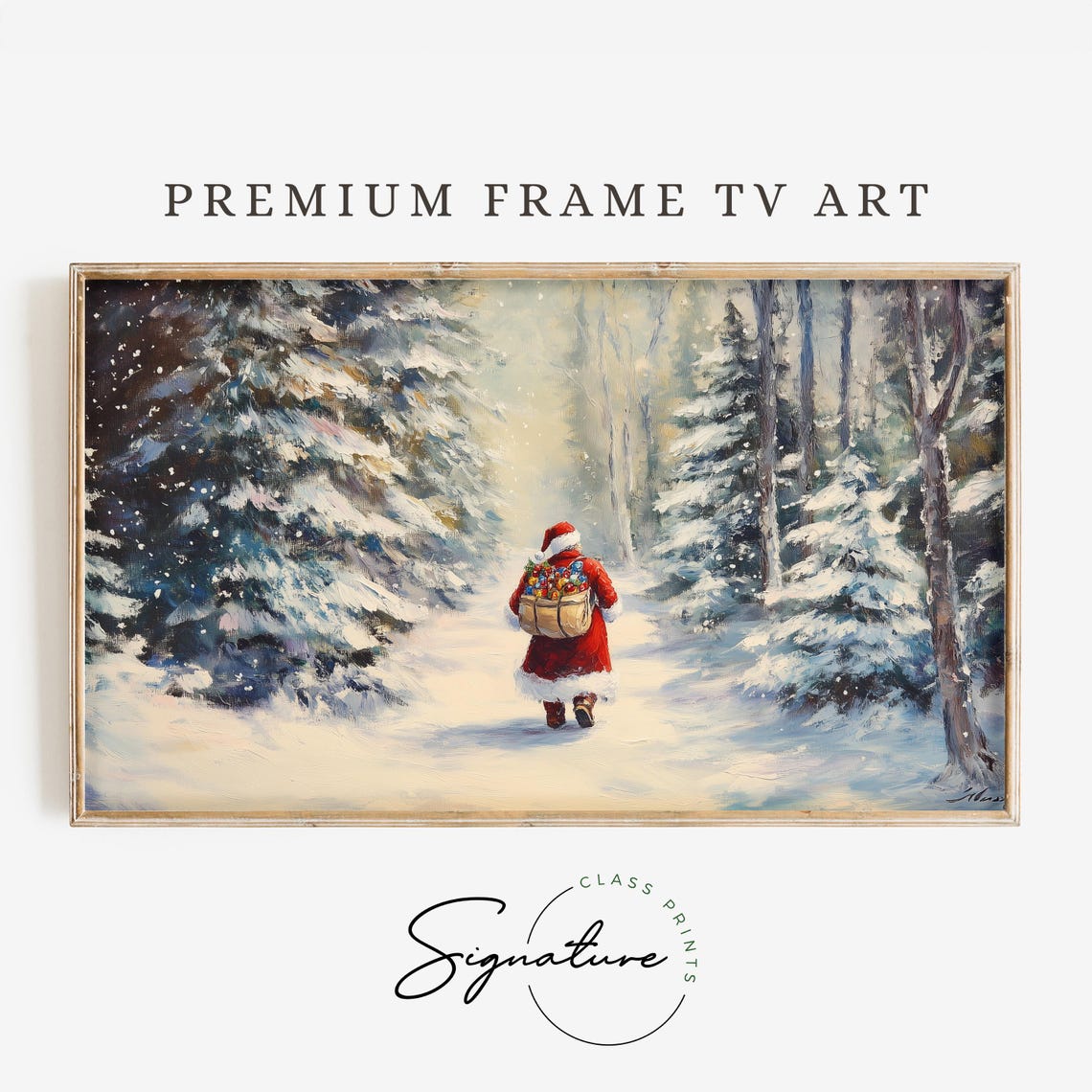 Santa Walking Through Snowy Forest With Gift Sack Winter Scene Poster